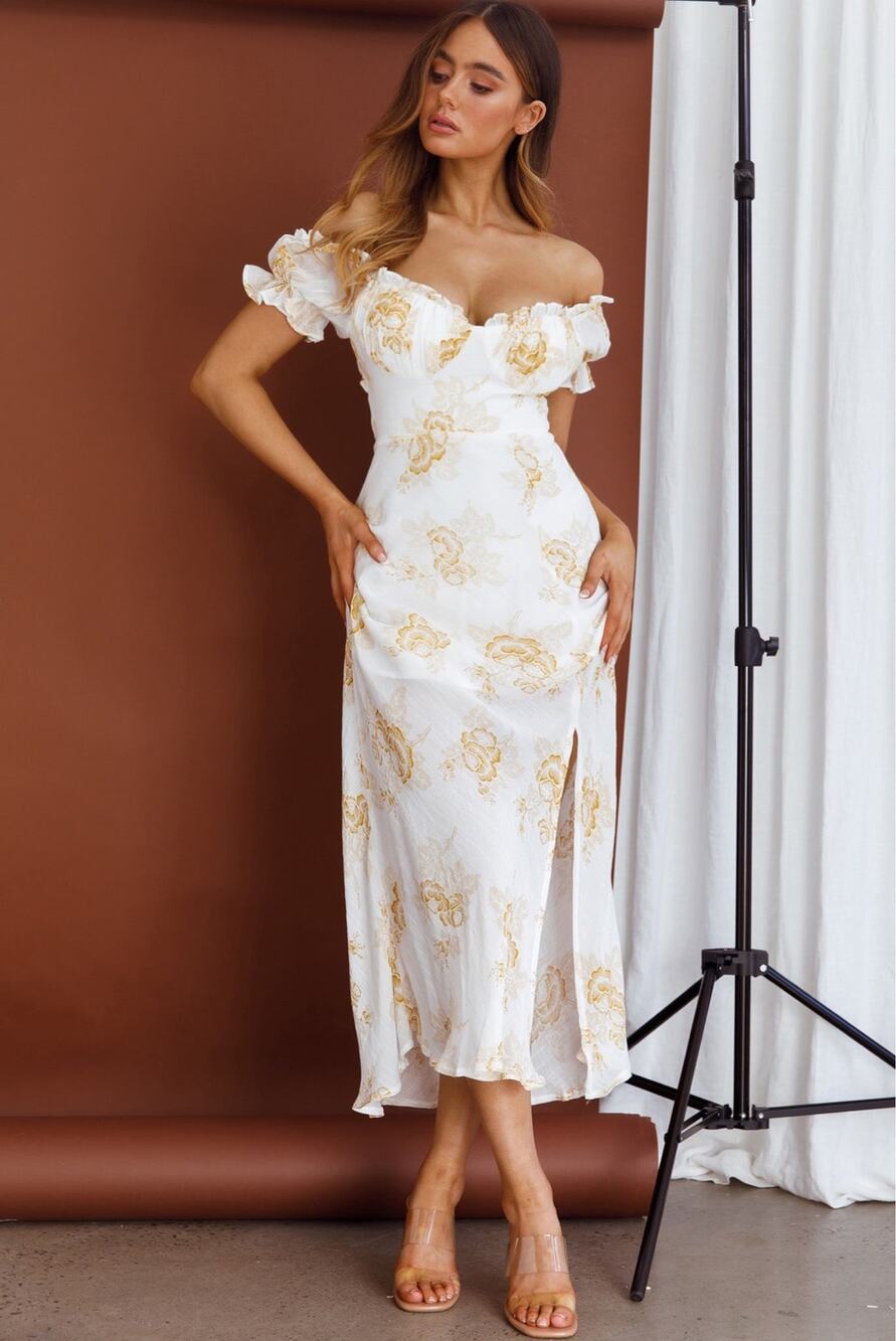 Hello Molly White & Gold Floral Off Shoulder Cutout Midi Dress Size L